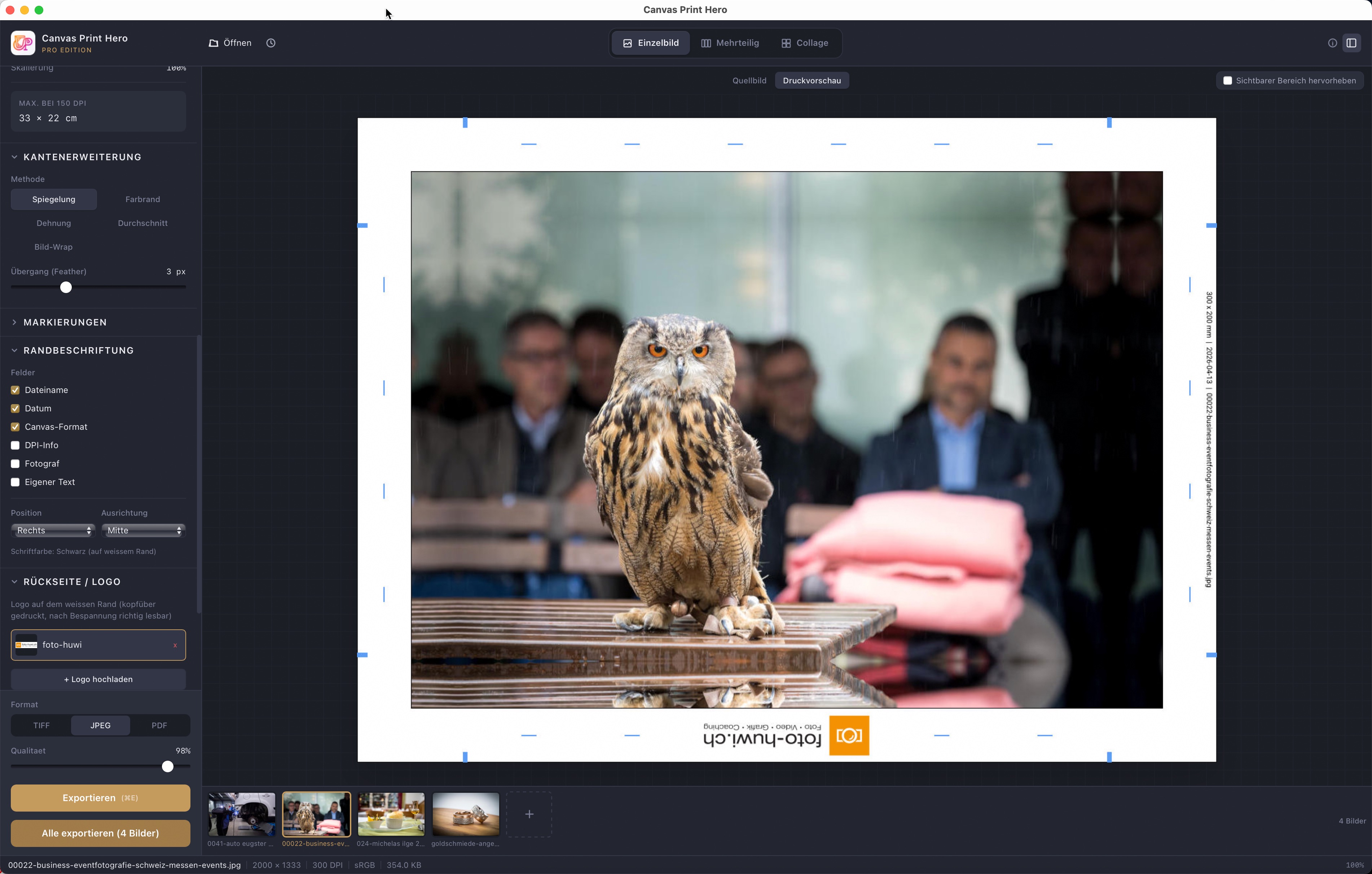 Gallery Wrap Einstellungen: Spiegelung, Faltmarkierungen und Logo